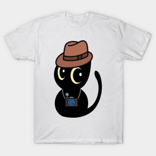 Funny black cat is holding a camera T-Shirt